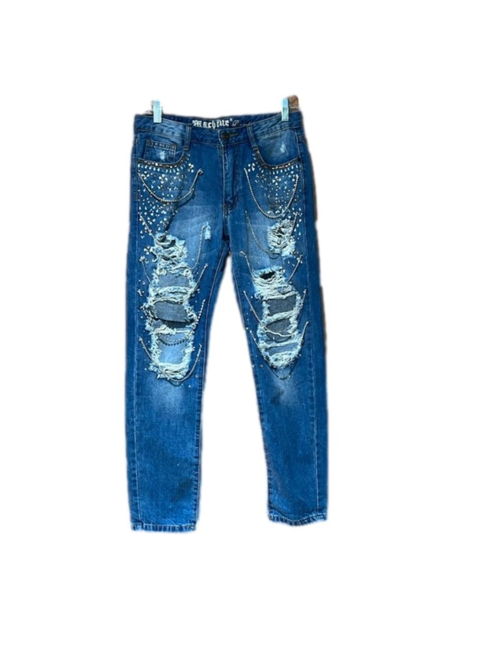 Nouvelle Mode Distressed Jeweled Blue Denim Jeans Size 27
